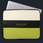 Pistachio Green Color Block Pattern with Name Laptop Sleeve<br><div class="desc">A trendy color block pattern with a tri-color combination of bright pistachio green, black and sandy beige. A text template is included for personalizing the design with your name, monogram initials or other desired text. This simple minimalist design is available in a variety of color combinations. Get this designer look...</div>