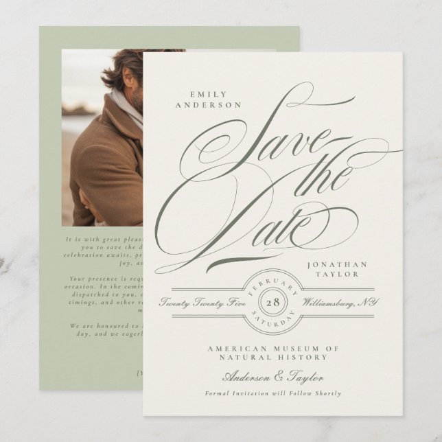 Pistachio Green Script Wedding Photo Save The Date (Front/Back)