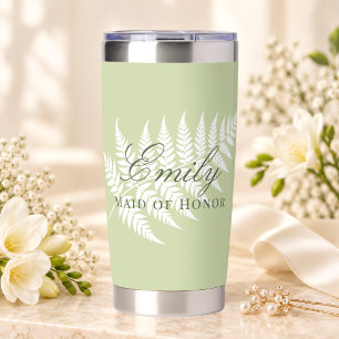 Pistachio Green White Fern Elegant Maid of Honour Insulated Tumbler