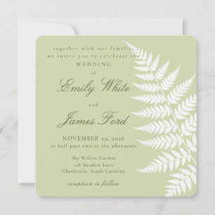 Pistachio Green White Fern Elegant Square Wedding Invitation