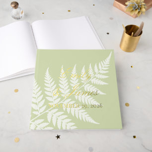 Pistachio Green White Fern Refined Square Gold Guest Book
