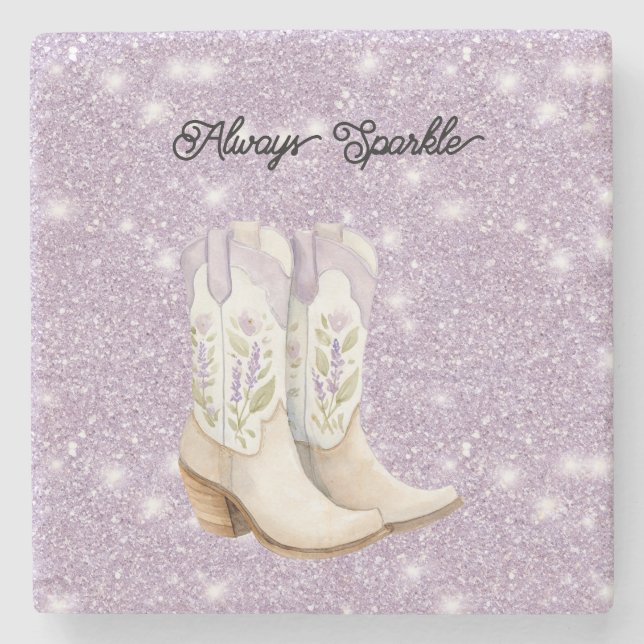 Pistachio Lavender Cowgirl Boots Sparkle Glitter Stone Coaster (Front)