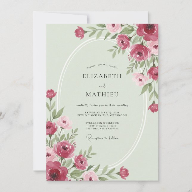 Pistachio Magenta Leafy Wedding Invitation (Front)