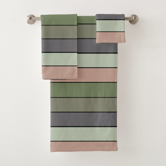Pistachio Nut Shell Green Peach Purple Stripes  Bath Towel Set (Insitu)