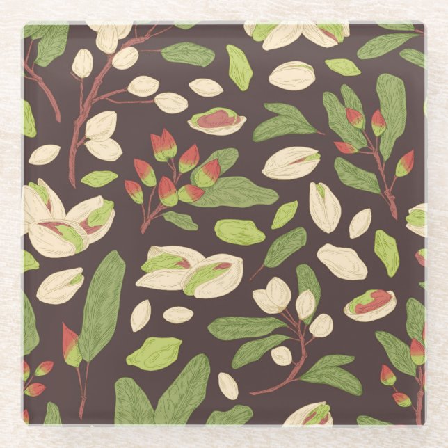 Pistachio Nuts: Black Hand-Drawn Seamless. Glass Coaster (Front)
