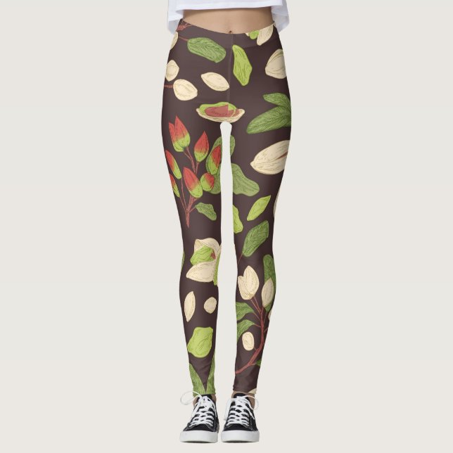 Pistachio Nuts: Black Hand-Drawn Seamless. Leggings (Front)