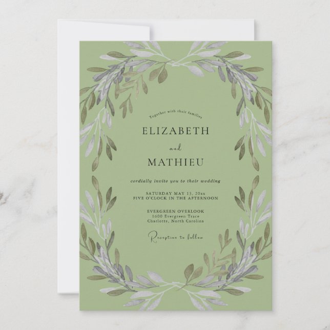 Pistachio Olive Leafy Wedding Invitation (Front)