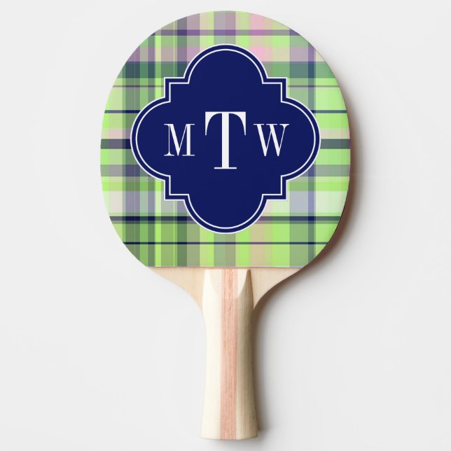 Pistachio Pink Navy Wht Preppy Madras Monogram Ping Pong Paddle (Front)