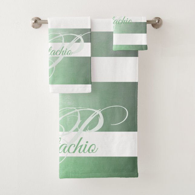 Pistachio rustic striped monogram bath towel set (Insitu)
