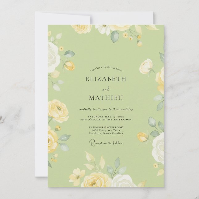 Pistachio Yellow Ranunculus Sage Wedding Invitation (Front)