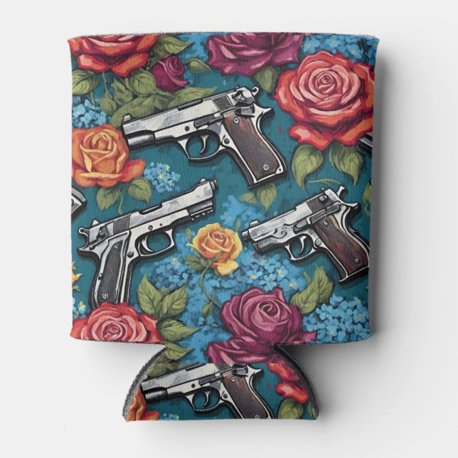 Pistol Firearms Roses Forget-me nots Teal Can Cooler (Front)