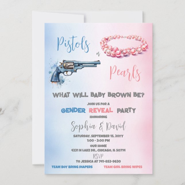 Pistols or Pearls Gender Reveal Party Invitation (Front)