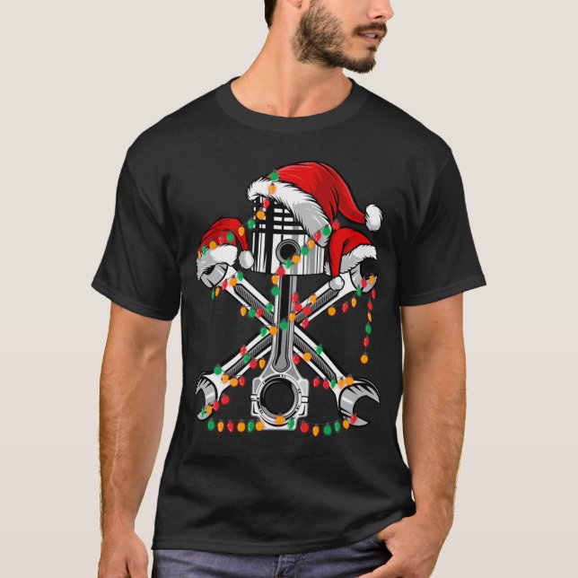 Piston Wrench Santa Hat Christmas Lights Bike Car  T-Shirt (Front)