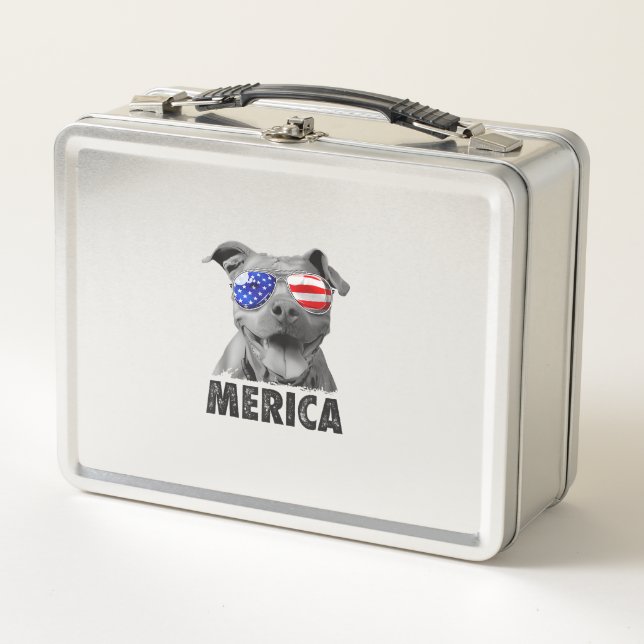 Pit Bull 4th of July Merica Men American Flag Sung Metal Lunch Box (Front)