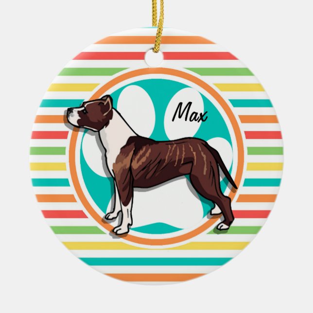 Pit Bull; Bright Rainbow Stripes Ceramic Ornament (Front)