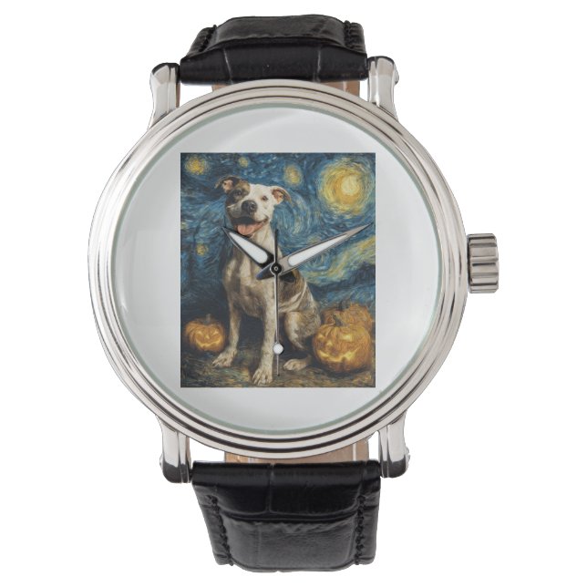 Pit Bull Cute Dog Halloween Jack O Lantern Pumpkin Watch (Front)