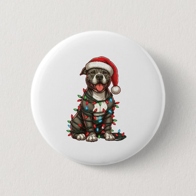 Pit bull Dog Christmas Lights Santa Hat Xmas Snow  6 Cm Round Badge (Front)