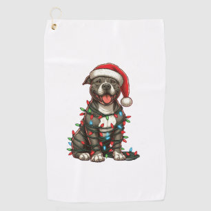 Pit bull Dog Christmas Lights Santa Hat Xmas Snow Golf Towel