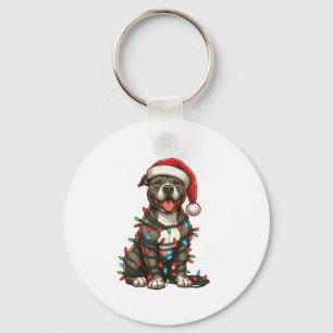 Pit bull Dog Christmas Lights Santa Hat Xmas Snow Key Ring
