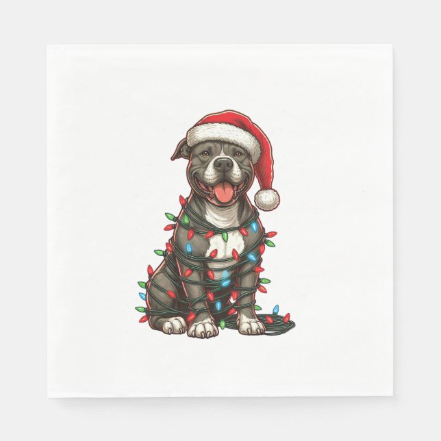 Pit bull Dog Christmas Lights Santa Hat Xmas Snow  Napkin (Front)