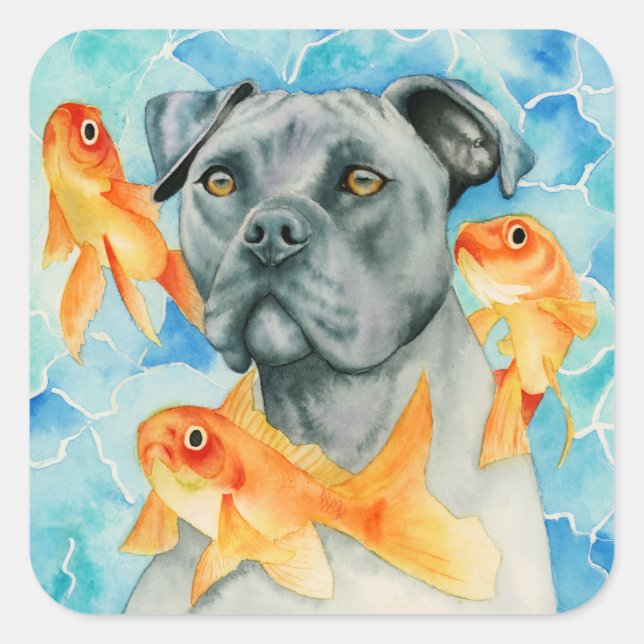 Pit Bull Dog Fantasy Watercolor Square Sticker (Front)