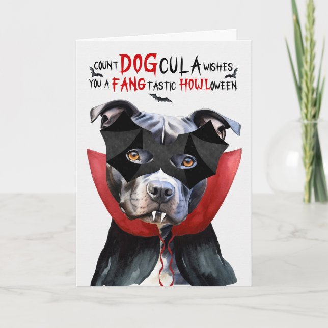 Pit Bull Dog Funny Count DOGcula Halloween Holiday Card (Front)