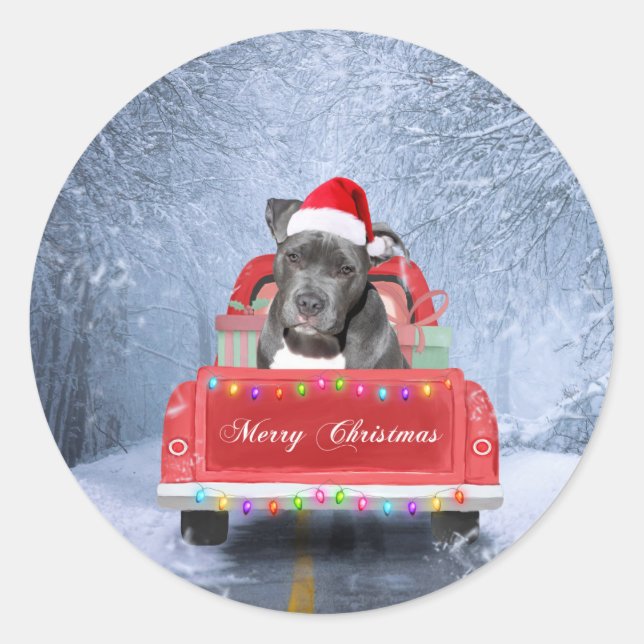 Pit Bull Dog in Snow sitting in Christmas Truck  Classic Round Sticker (Front)
