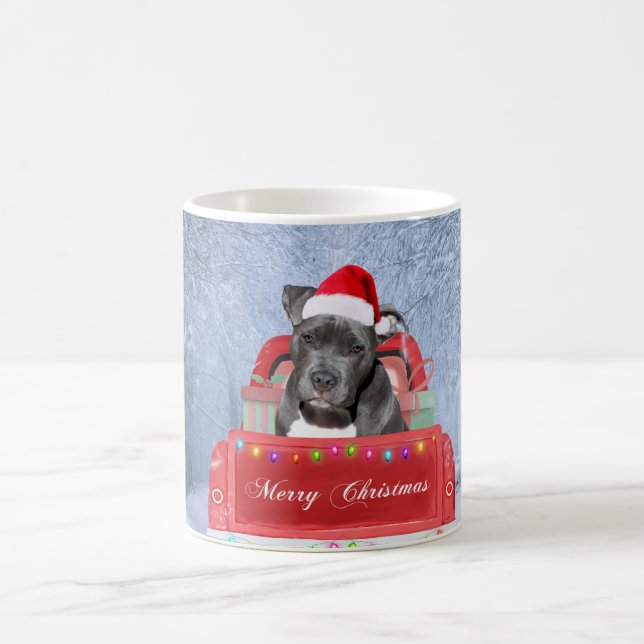 Pit Bull Dog in Snow sitting in Christmas Truck  Coffee Mug (Center)