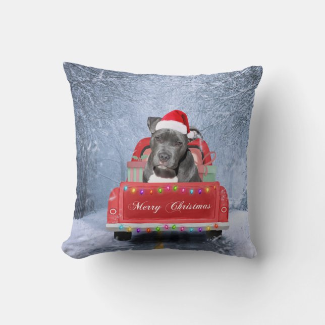 Pit Bull Dog in Snow sitting in Christmas Truck  Cushion (Front)