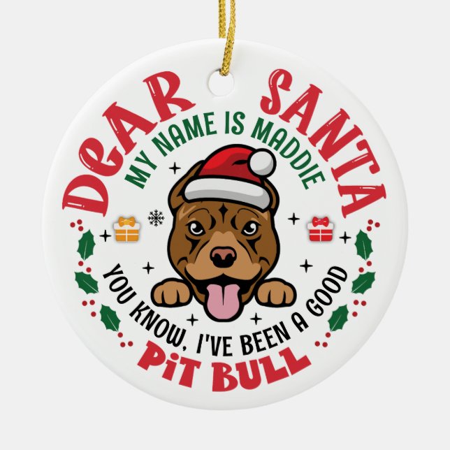 Pit Bull Dog Santa Personalised Christmas Tree Ceramic Ornament (Front)