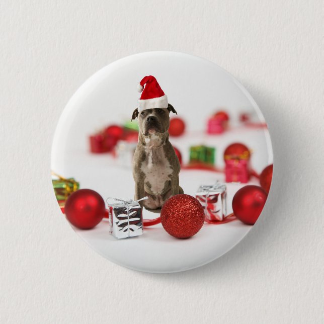 Pit Bull Dog with Gift box and Christmas Ornaments 6 Cm Round Badge (Front)