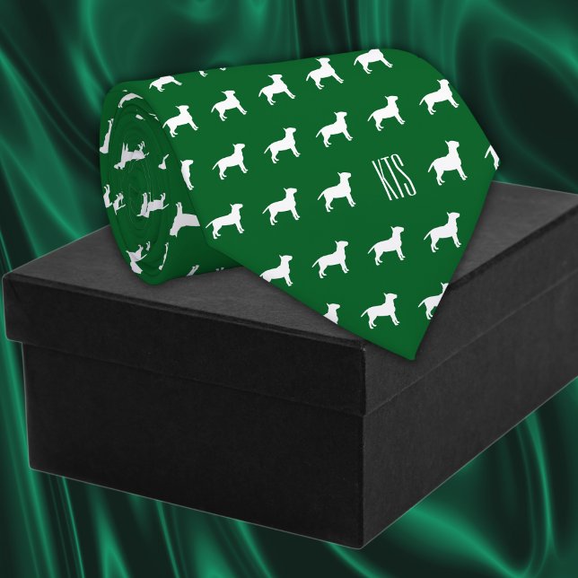 Pit Bull Dogs Pattern Monogrammed Veterinarian Tie (Pit Bull Dogs Pattern Veterinarian Neck Tie in forest green color.)