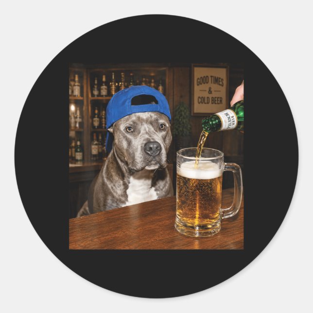 Pit Bull Drinking Beer Funny Dog Meme Classic Round Sticker (Front)