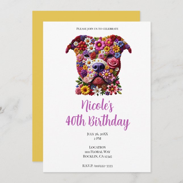 Pit Bull Flower Face Dog Lover Birthday Party Invitation (Front/Back)
