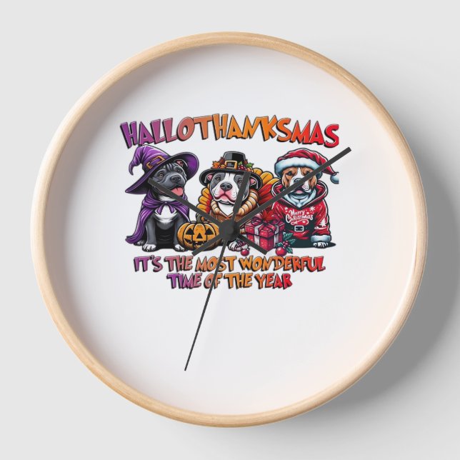 Pit Bull Halloween Thanksgiving Christmas Classic  Clock (Front)