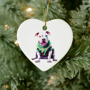 Pit Bull in Christmas Sweater Ceramic Ornament