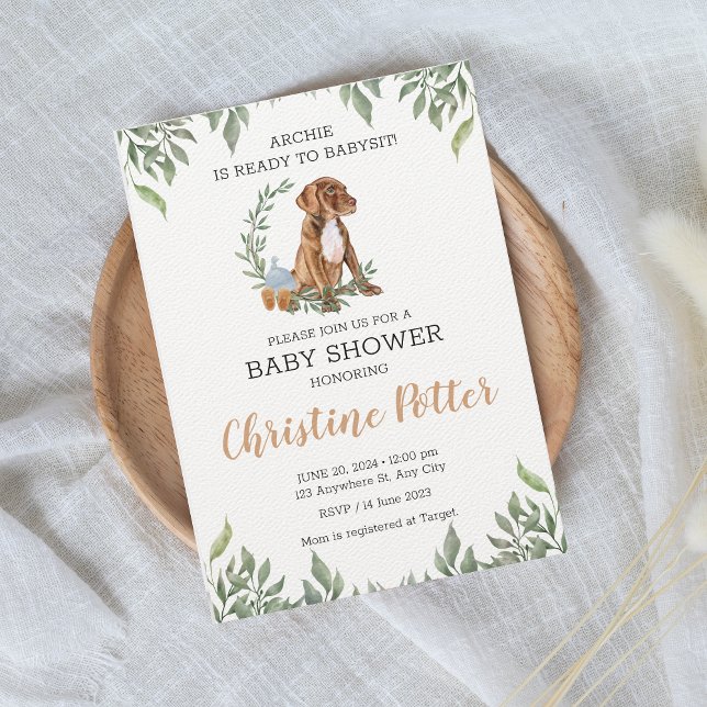 Pit bull Puppy Brown Boho Greenery Baby Shower Invitation (Creator Uploaded)