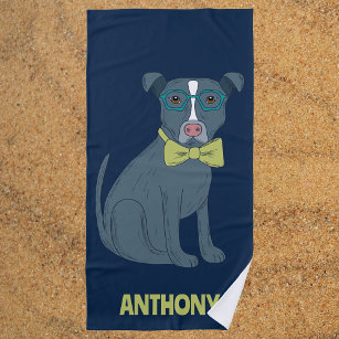 Pit Bull Puppy Dog Wearing Glasses Personalised Beach Towel