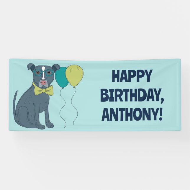 Pit Bull Puppy Dog Wearing Glasses with Balloons Banner (Horizontal)