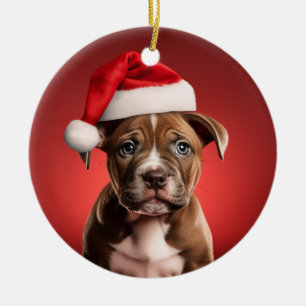 Pit Bull Puppy in Santa Hat Ceramic Ornament