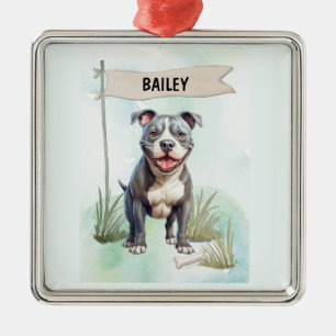 Pit Bull Terrier Watercolor Personalised Dog Metal Ornament