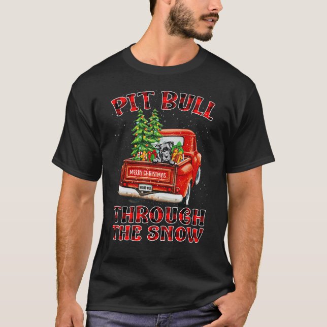 Pit Bull Through The Snow Christmas Truck Plaid Re T-Shirt (Front)