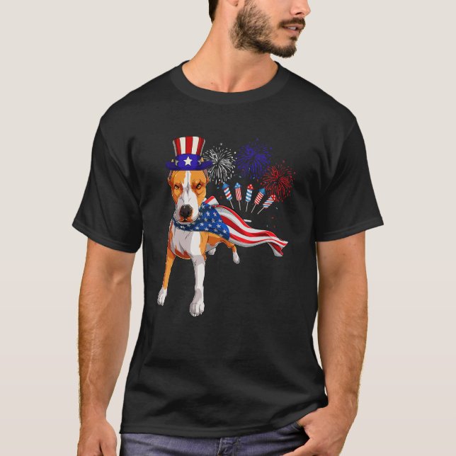 Pit Bull Wearing American Flag  Fireworks 4th Of J T-Shirt (Front)