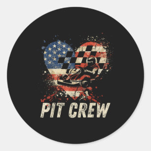 Pit Crew Checkered Car Racing Heart Usa Flag Famil Classic Round Sticker