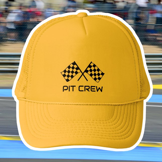 Pit Crew Custom Text Car Flags Yellow Black Trucker Hat (Creator Uploaded)