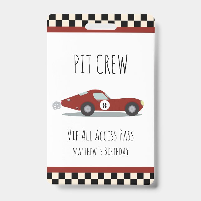 Pit crew Race Car Birthday Party Pit Crew VIP Pass ID Badge (Front)