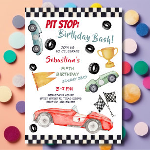 Pit stop: birthday bash, racing car for kids invitation