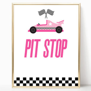 Pit Stop Pink Flame Race Car Party Table Sign