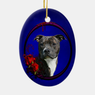 Pitbull and bloody roses ceramic ornament