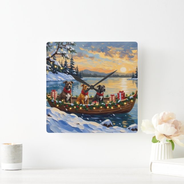 Pitbull Christmas Boat Holiday Square Wall Clock (Home)